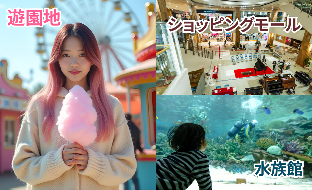 遊園地、ショッピングモール、水族館
